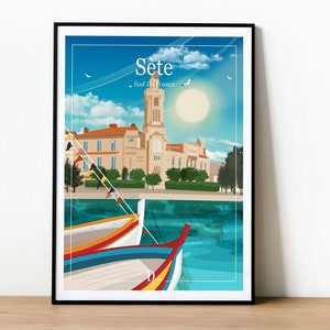May include: A colourful illustration of a building with a tall tower and the text "Sète Sud De France" in a white frame. The building is located on a waterfront with two colourful boats in the foreground.