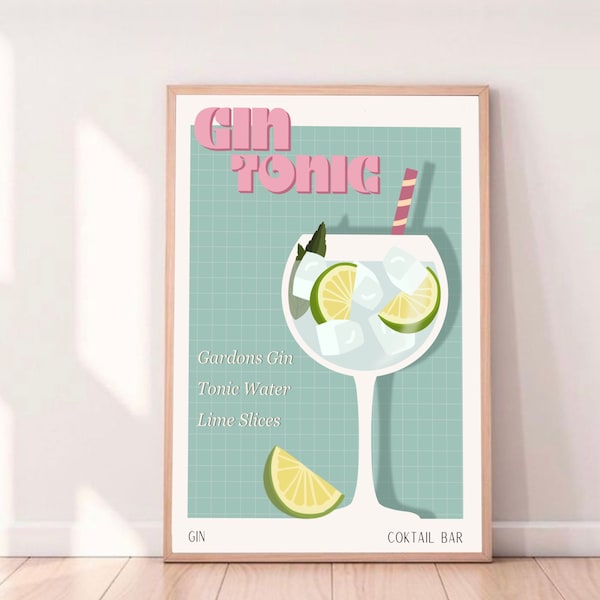 GIN TONIC PRINT - Affiche de bar - Décoration Murale -Affiche de Cocktail - Décoration Intérieur