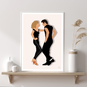 May include: A black and white illustration of a couple dancing. The woman has blonde hair and is wearing a black top and pants. The man has dark hair and is wearing a black shirt and pants. The background is a light pink color.