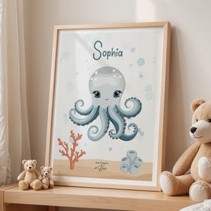 Anpassbares Poster für Kinderzimmer - Thema Ozean - Krake - Baby - Geburt
