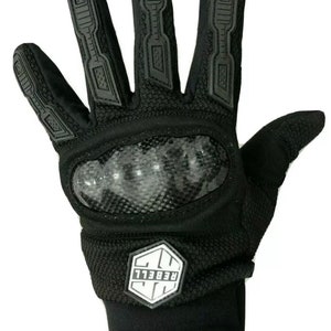 May include: Black motorcycle gloves with a carbon fibre knuckle guard and a Rebelli logo on the wrist.