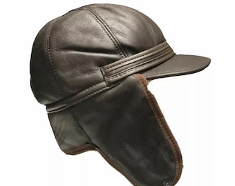 Bombardier en peau de mouton véritable Tonte de cuir de trappeur Hanoukka Chasse doublure en laine Chapeau chaud d'hiver avec pointe marron foncé