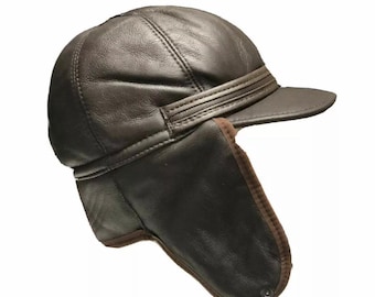 Chapeau de bombardier en peau de mouton véritable, cisaille, trappeur en cuir, Hanukkah, chasse, doublure en laine, chapeau chaud d'hiver, marron foncé