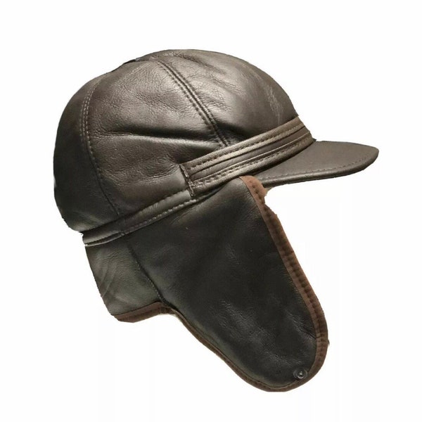 Real Sheepskin Bomber Hat Shearing Leather Trapper Hanukkahs Hunting Wool Lining Peaked Winter Warm Hat Dark Brown