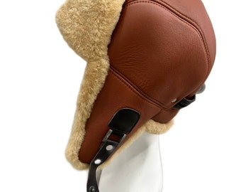 Leather Sheepskin Shearling Aviator Russian Ushanka Trapper Winter Fur Hat Brown Limited Edition- Handmade Leather Hat