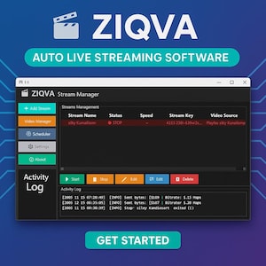 Peut inclure: Interface numérique pour le logiciel de streaming en direct automatique ZIQVA. L'écran affiche un gestionnaire de flux avec des options pour ajouter des flux, gérer les paramètres et afficher les journaux d'activité. L'interface est sur fond bleu.