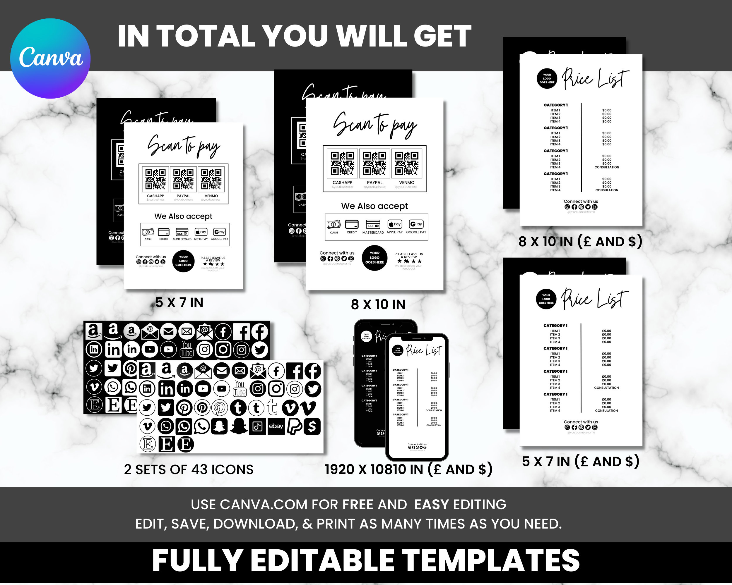 Editable Qr Permit Scan Minimal Editable QR Code Scan to Pay Sign/ Price List, Printable ...