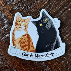 May include: A white sticker with a black cat and an orange tabby cat. The cats are looking at the camera. The sticker has a white banner with the text "Cole & Marmalade" on it.