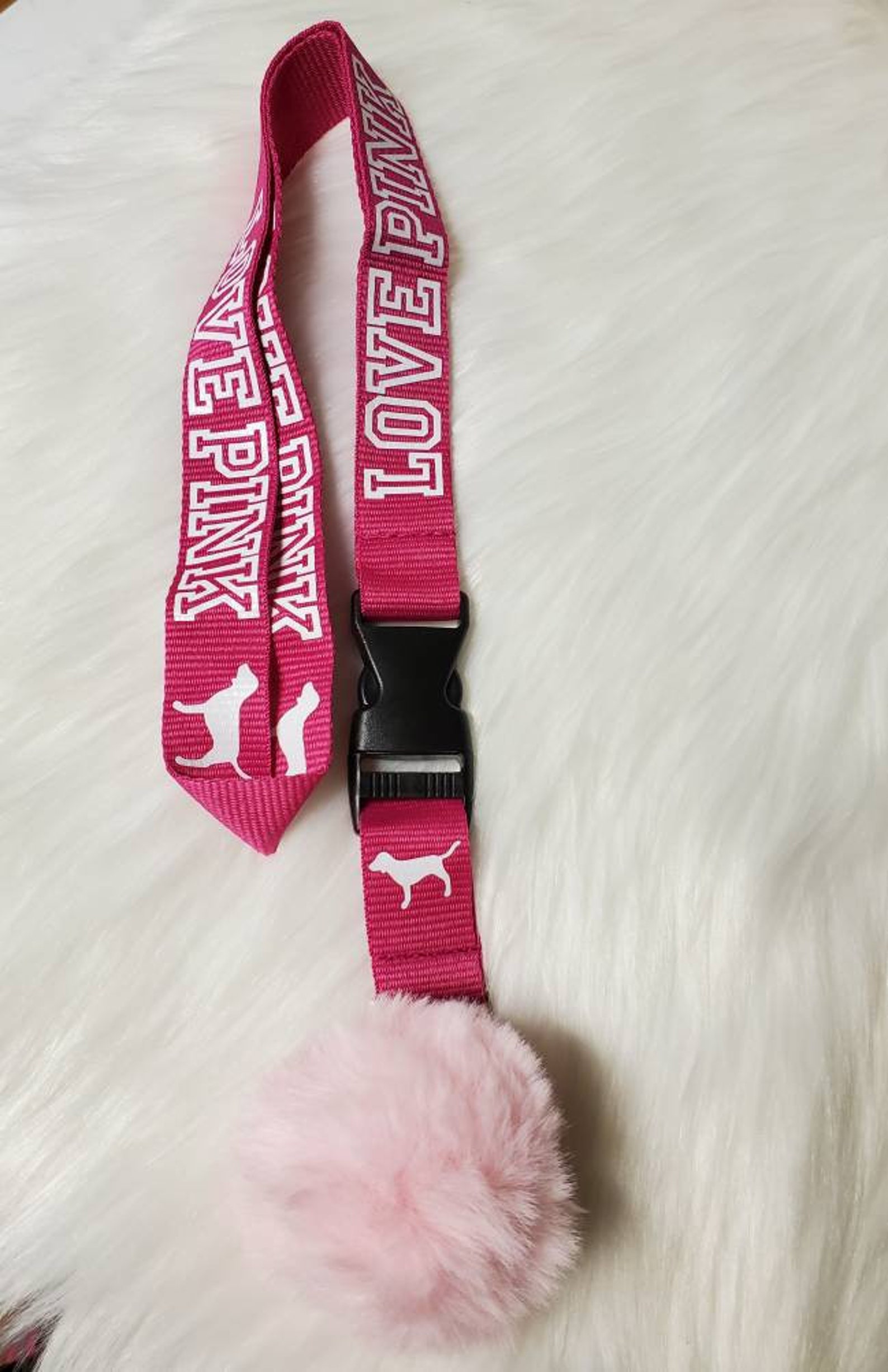 Love pink lanyard With pom pom keychain Etsy