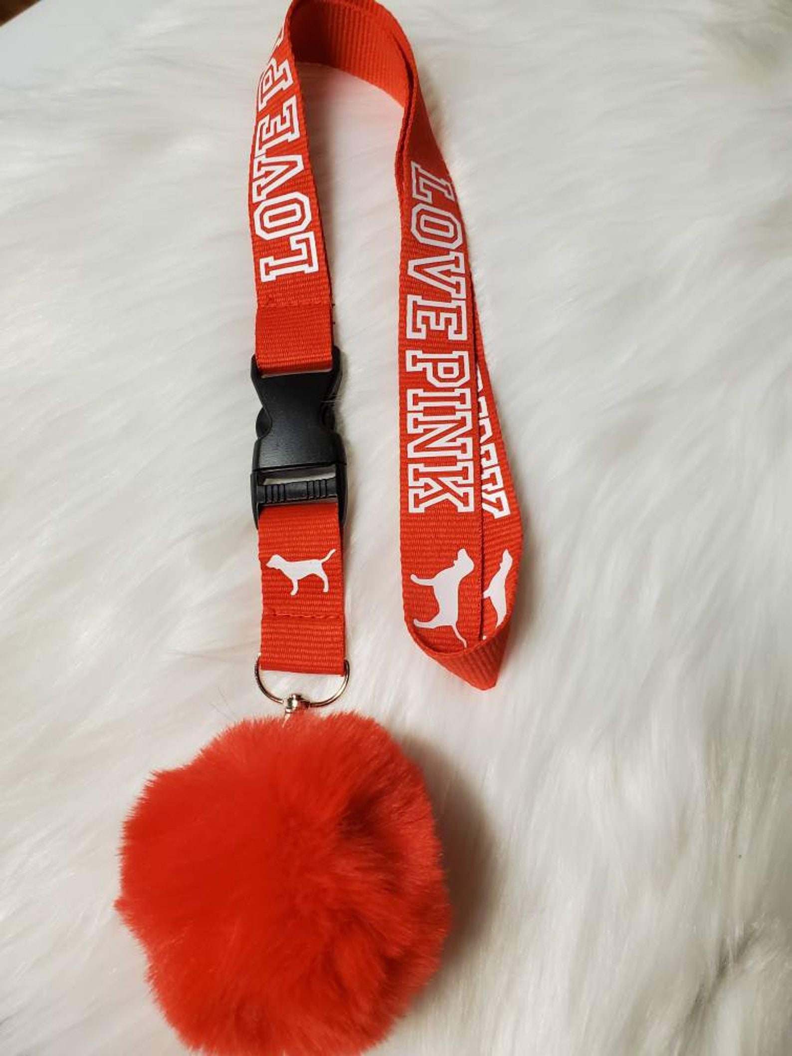 Love pink lanyard With pom pom keychain Etsy