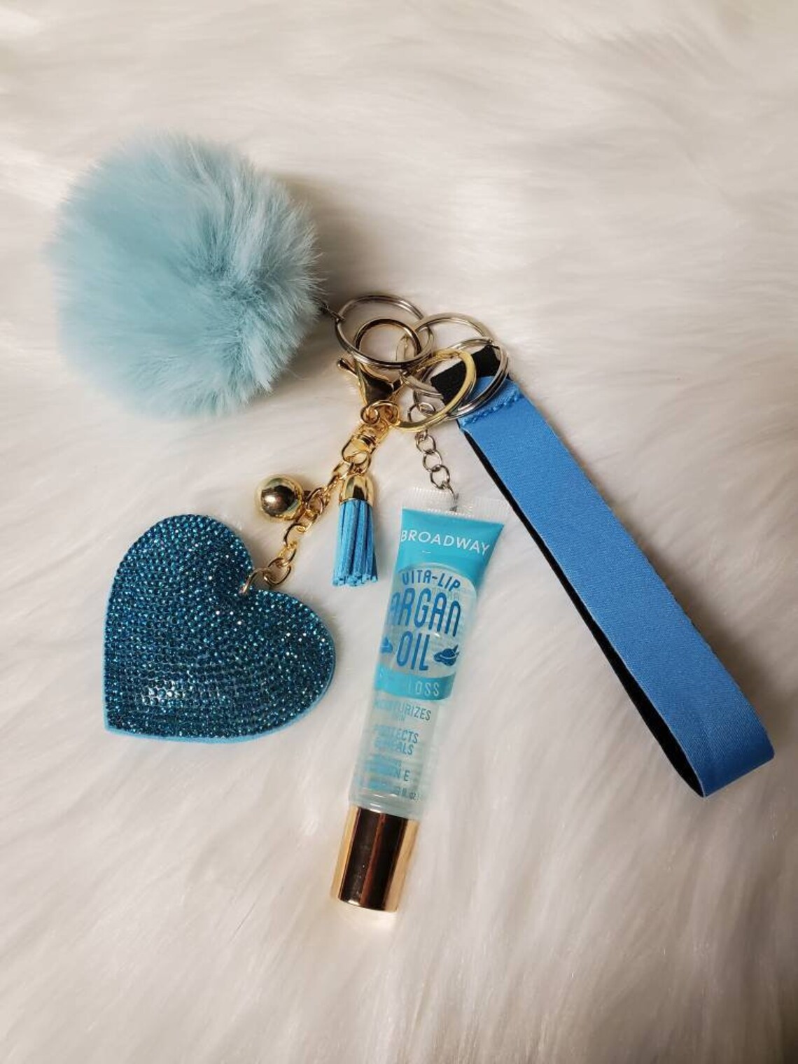 Girly keychain set with lipgloss bling heart pom pom & wrist Etsy