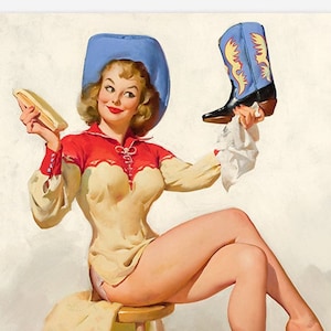 Cowgirl Pin-Up Girl Art Gil Elvgren A Polished Performance 1964 Reprint Risque Art Print Sexy Vintage Western Pin Up Girl