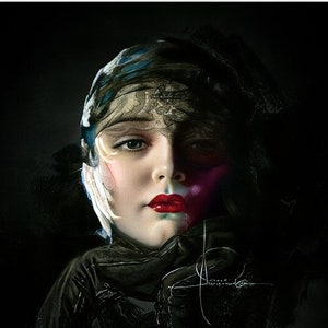 May include: A woman with dark hair and a black veil over her face. Her face is painted with white and purple makeup, and she is wearing red lipstick. The background is dark.