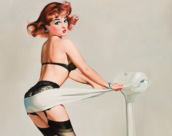 Funny Exercise Poster, Beatiful Red Head Pin-Up Girl on Vibrating Belt #23 Reprint Vintage Wall Art