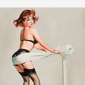May include: A vintage illustration of a woman in black lingerie standing on a white scale. She is holding a white cloth in her hands and is looking at the scale.