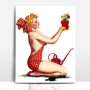 1930&#39;s Vintage Swim Suit Pin-up Print, Gardening in Polka Dot Bathing Suit Wall Art