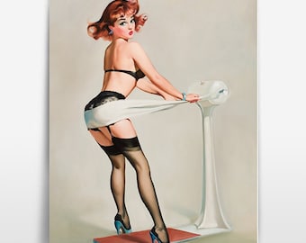 Redhead Pin-Up Girl Exercise Poster, Vintage Wall Art Reprint