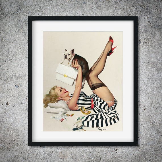 Gil Elvgren Lucky Dog French Bulldog 1958 Pin up Girl