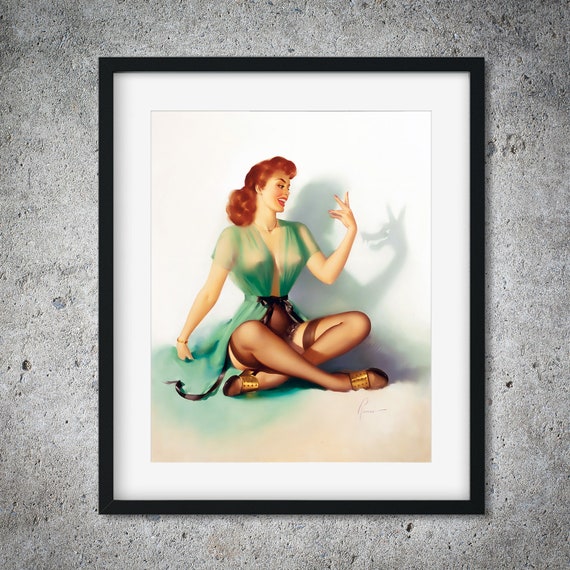 Vintage 1940's Sexy Auburn Haired Pin up Girl in Green Lingerie 