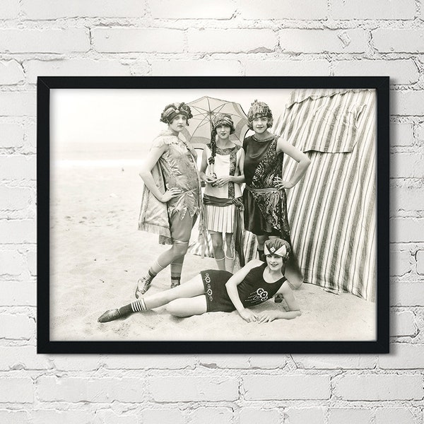 Black and White Photo Beach Beauties Wall Art | Vintage 1920's Flappers in Swim Suits, Ocean Aesthetic, Beautiful Women in Bathingsuits