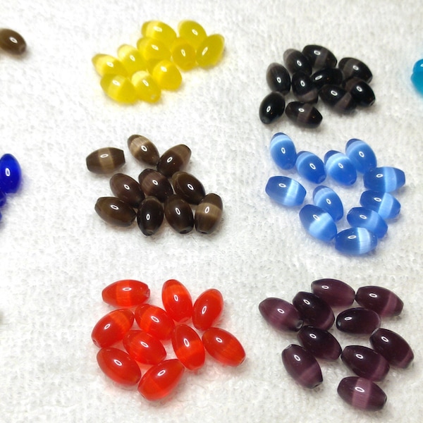 Oeil de chat lisse ovale 9 x 6 mm Lot de 10 perles de verre, bleu clair/foncé, gris clair/foncé, marron clair/foncé, rouge, vert, jaune, rose, turquoise