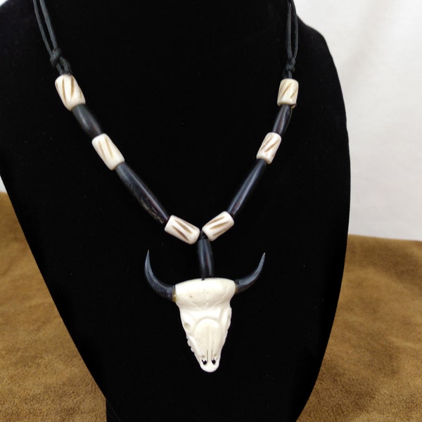 Cow Bone and Black Buffalo Horn skull Necklace