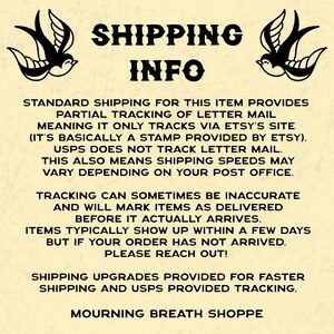 Pu&ograve; includere: Un grafico informativo color crema con due illustrazioni di rondini nere negli angoli superiori. Il testo recita SHIPPING INFO, seguito da dettagli sul tracciamento della posta, limitazioni USPS e istruzioni per contattare il venditore.