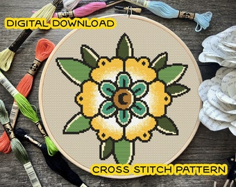 Yellow Flower Cross Stitch Pattern *DIGITAL DOWNLOAD* Beginner Friendly, Full Color and B&W Patterns, American Traditional Tattoo Style