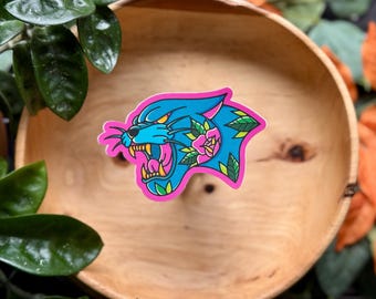 Neon Panther Matte Waterproof Vinyl Sticker, American Traditional Tattoo Style