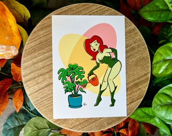 Poison Ivy with House Plant 5x7 Art Print, Retro Pinup