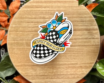 Respect Your Elders, Matte Waterproof Vinyl Sticker, Elder Emo, Elder Millennial, American Traditional Tattoo Style