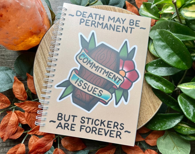 Featured listing image: Commitment Issues Sticker Book, A5 - 6" x 8" with 100 Pages of Reusable Sticker Paper, Spiral Bound, Cute Stationery