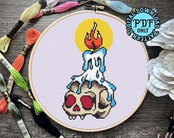 Skull and Candle Cross Stitch Pattern *DIGITAL DOWNLOAD* Beginner Friendly, Full Color and B&W Patterns, American Traditional Tattoo Style