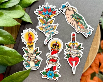 Book Trope Stickers, Matte Vinyl Sticker, American Traditional Tattoo Style