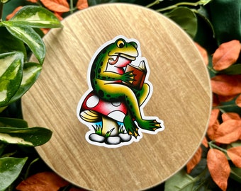 Frog on a Toadstool Matte Waterproof Vinyl Sticker, American Traditional, Flash Tattoo Style