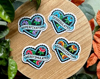 Too Many Feelings Hearts - 3" Matte Waterproof Vinyl Sticker, Overstimulated, Disassociating, Hyperfixating, Dysregulated, Neurodivergent