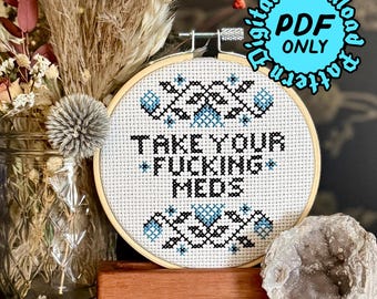 Take Your F*cking Meds Cross Stitch Pattern - Beginner Friendly (Digital Download)