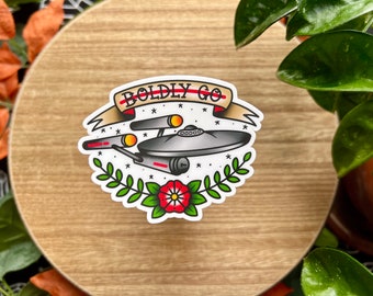 Boldly Go, Matte Waterproof Vinyl Sticker, Star Ship, Sci-Fi, American Traditional Tattoo Style
