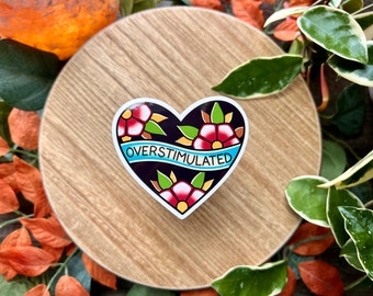 Overstimulated Heart Water Resistant Sticker, American Traditional Flash Tattoo Style, Funny