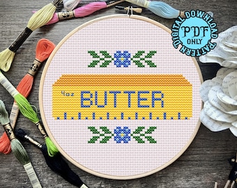 Butter Cross Stitch Pattern *DIGITAL DOWNLOAD* Beginner Friendly, Full Color and B&W Patterns