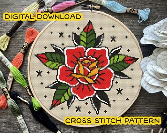 Tattoo Style Rose Cross Stitch Pattern *DIGITAL DOWNLOAD* Beginner Friendly, American Traditional Rose, Full Color and B&W Patterns