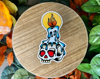 Skull and Candle, Water Resistant Sticker, American Traditional Flash Tattoo Style