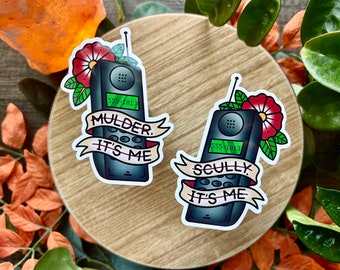 XFiles Water Resistant Sticker, Mulder and Scully, Scully It's Me, Mulder It's Me, 90's TV Show, American Traditional Tattoo Style