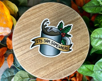 It's 5am Somewhere Coffee Mug Water Resistant Sticker, Coffee Lover, American Traditional Tattoo Style