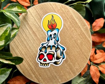 Skull and Candle, Matte Waterproof Vinyl Sticker, American Traditional Flash Tattoo Style