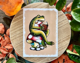 Frog on a Toadstool Print, Flash Tattoo Print, 5x7 Print