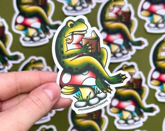 Frog on a Toadstool - 3" Matte Waterproof Vinyl Sticker, Tattoo Flash