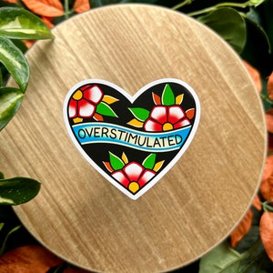 Overstimulated Heart, Matte Waterproof Vinyl Sticker, American Traditional Flash Tattoo Style, Funny image 1