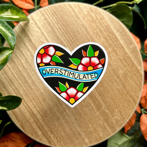 Overstimulated Heart, Matte Waterproof Vinyl Sticker, American Traditional Flash Tattoo Style, Funny