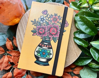 Flower Vase Leatherette Notebook, A5 - 6" x 8" with 192 Pages of Dot Grid Paper, Hard Cover Bound with Ribbon and Binding Strap